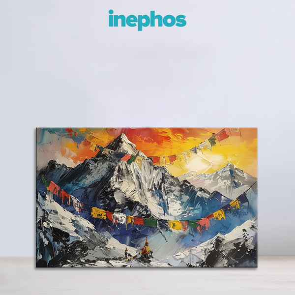 Himalayan Prayer Flags | Vibrant Snow Mountain Canvas Art for Meditation & Living Spaces