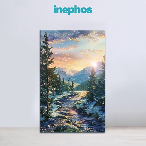 Sunset Stream in Snowy Forest | Tranquil Mountain Canvas Wall Art for Home & Office