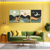Modern living room with a green sofa, yellow walls, and abstract wall art.