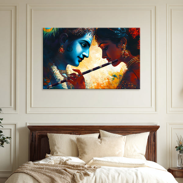 Radha Krishna Love Painting | Divine Romantic Canvas for Home | Spiritual Religious God Flute Wall Art for Living Room Décor