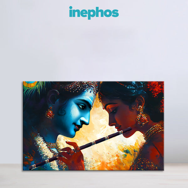 Radha Krishna Love Painting | Divine Romantic Canvas for Home | Spiritual Religious God Flute Wall Art for Living Room Décor