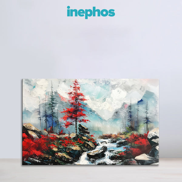 Red Tree By Waterfall | Vibrant Mountain Forest Canvas Wall Art For Hall & Living Room