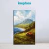 Painting of a scenic landscape with a house and mountains, branded 'inephos'.