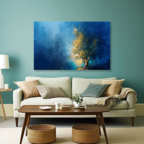 Tree Canvas Painting | Golden Tree On Blue Abstract Background For Living Room Wall