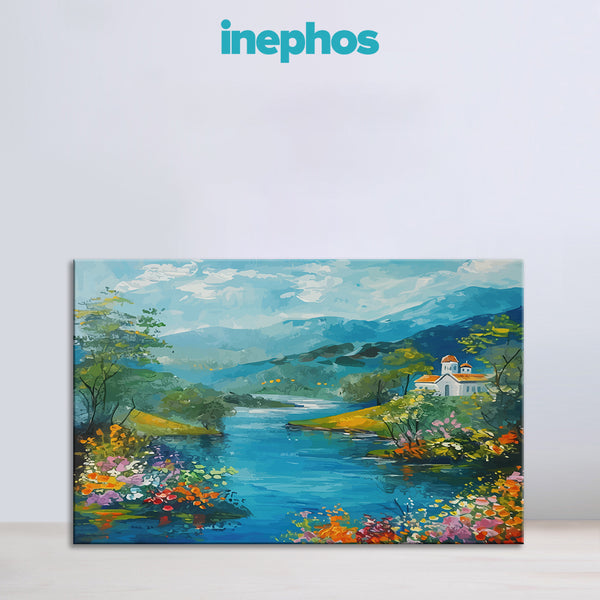 Peaceful Riverside Painting | Nature Canvas With Flowers And Water View | Landscape Wall Art For Living Room And Home Wall Decor