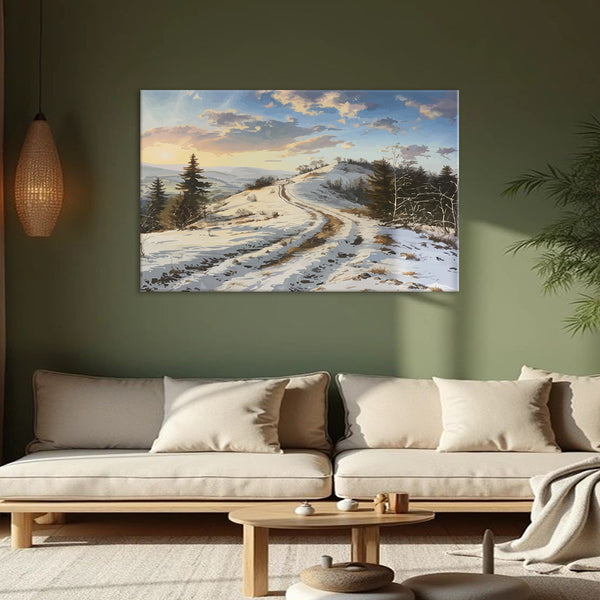 Winter Pathway Painting | Snowy Landscape Canvas Scene | Wall Art With Sunset & Trees For Cozy Home & Seasonal Décor