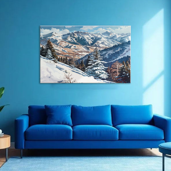 Snowy Pine Forest In Mountains Painting | Scenic Winter Landscape View Canvas | Snow Covered Peak Scene For Home & Office Décor
