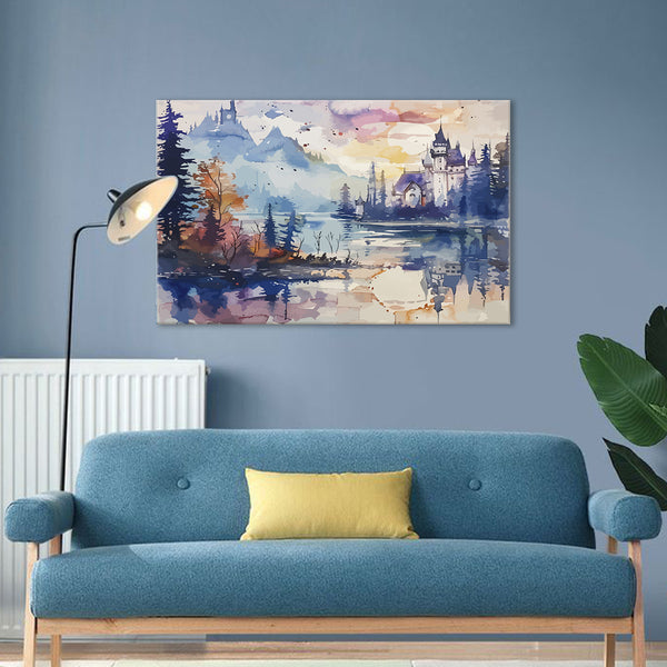 Dreamy Castle In Misty Mountains Painting | Fantasy Landscape Canvas | Modern Watercolor Wall Art For Living Room, Kids Room & Creative Spaces