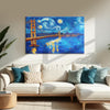 Starry Night Painting | Van Gogh Inspired Modern Abstract Canvas | Blue Nightscape City Bridge Wall Art for Living Room & Bedroom Décor