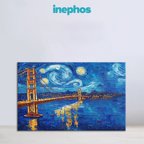 Starry Night Painting | Van Gogh Inspired Modern Abstract Canvas | Blue Nightscape City Bridge Wall Art for Living Room & Bedroom Décor