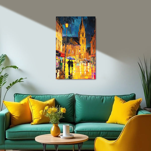 Romantic Rainy Night City Painting | Couple Walking Under Umbrella Canvas | Modern Urban Night Life Wall Art for Living Room & Bedroom Decor