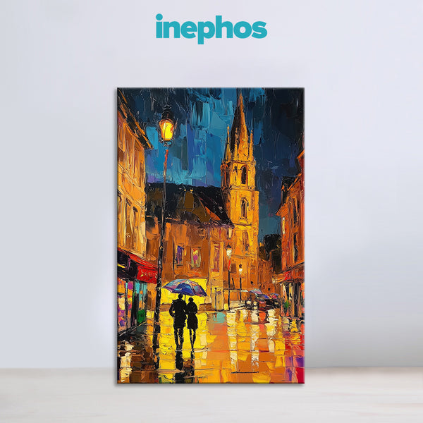 Romantic Rainy Night City Painting | Couple Walking Under Umbrella Canvas | Modern Urban Night Life Wall Art for Living Room & Bedroom Decor