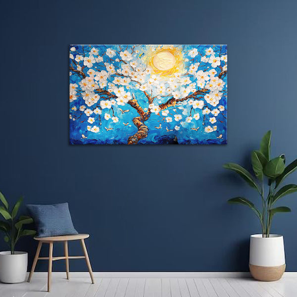 Sunlit Blossom Tree Canvas Painting | White Flowers Under Blue Sky Wall Art | Nature-Inspired Art for Home & Living Room Décor