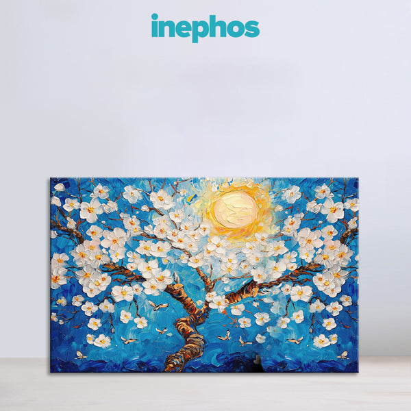 Sunlit Blossom Tree Canvas Painting | White Flowers Under Blue Sky Wall Art | Nature-Inspired Art for Home & Living Room Décor