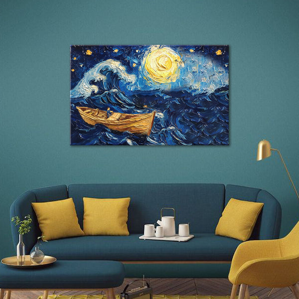 Starry Night Boat Painting | Van Gogh-inspired Moonlight Over Ocean Waves Canvas | Dreamy Sea Wall Art for Bedroom & Living Room Décor