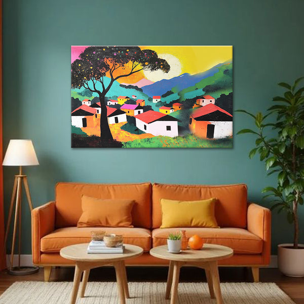 Abstract Indian Village Painting | Modern Colorful Rural Landscape Canvas | Ethnic Scenery Wall Art for Living Room & Home Decor