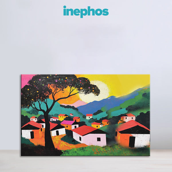 Abstract Indian Village Painting | Modern Colorful Rural Landscape Canvas | Ethnic Scenery Wall Art for Living Room & Home Decor