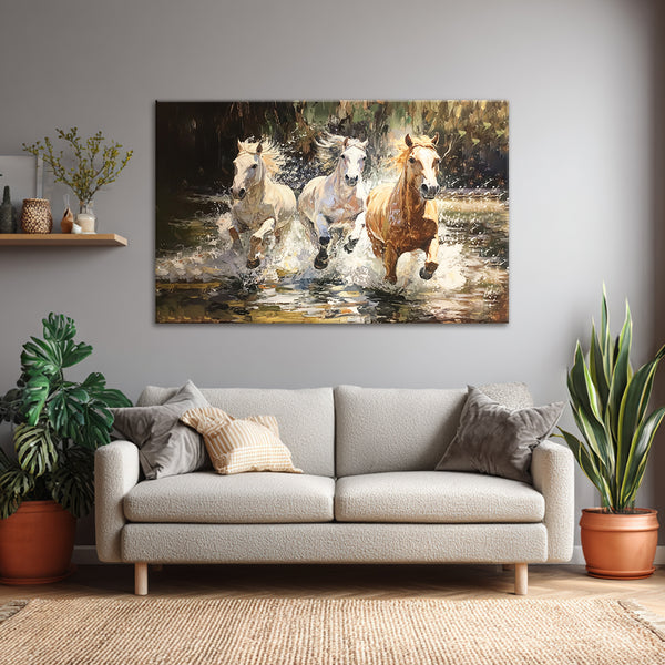 Galloping Horses Painting | Dramatic Horse Action Canvas for Positive Energy | Three Running Horses Wall Art for Home & Office