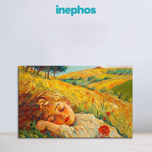 Golden Dreams Painting | Sleeping Girl in Wheat Field Canvas | Peaceful Countryside Landscape Wall Art Scene for Bedroom & Kids Room