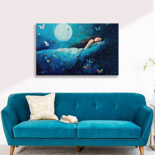 Moonlight Sleep Painting | Girl Dreaming with Butterflies Canvas | Calm Peaceful Night Wall Art Bedroom Décor for Kids & Adults