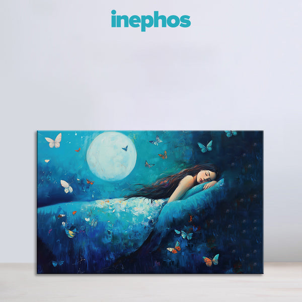 Moonlight Sleep Painting | Girl Dreaming with Butterflies Canvas | Calm Peaceful Night Wall Art Bedroom Décor for Kids & Adults