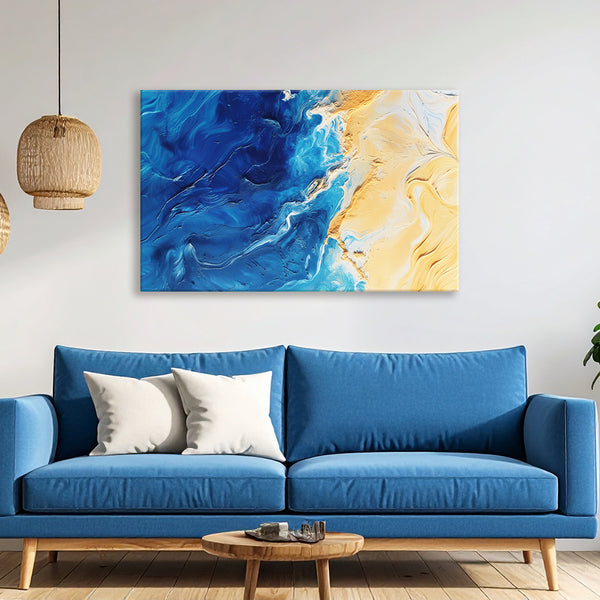 Beach & Sea Border Painting | Modern Abstract Blue & Beige Canvas | Fluid Color Wall Art for Bedroom or Living Room Décor