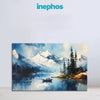 Snowy Mountain Lake Painting | Boat in Nature Canvas | Scenic Winter Landscape Wall Art for Living Room Décor