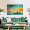 Couple in Boat Painting | Teal & Orange Traditional Indian Canvas | Sunset Horizon Boating Wall Art for Bedroom & Hall Decor