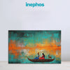 Couple in Boat Painting | Teal & Orange Traditional Indian Canvas | Sunset Horizon Boating Wall Art for Bedroom & Hall Decor