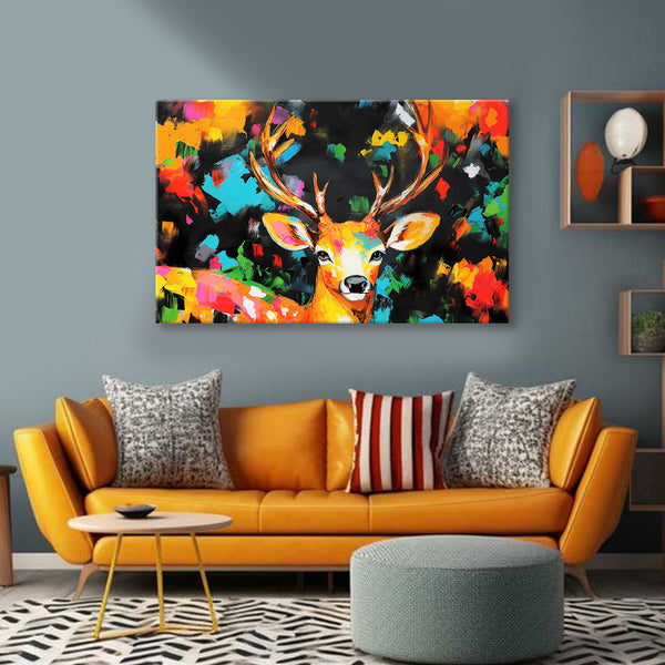 Abstract Deer Painting | Vibrant Colorful Stag Expression Canvas | Modern Animal Wall Art for Modern Living Room & Wall Decor
