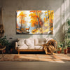 Golden Autumn Forest with Deer Painting | Nature-Inspired Orange Canvas for Living Room & Bedroom | Serene Forest Landscape Wall Art Décor for Wildlife & Landscape Lovers
