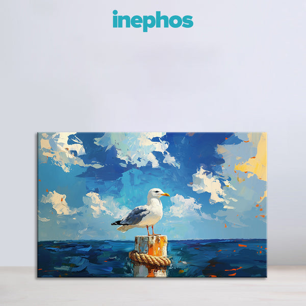 Seagull by the Ocean Painting | Coastal Bird Canvas with Blue Sky & Sea Vibes | Nautical Theme Sea Animal Canvas Wall Art for Living Room, Bathroom & Beach Homes Décor