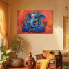 Vibrant Blue Ganesh Ji Canvas Painting | Traditional Hindu Wall Art with Orange Background for Home Mandir Gifting | Spiritual Décor