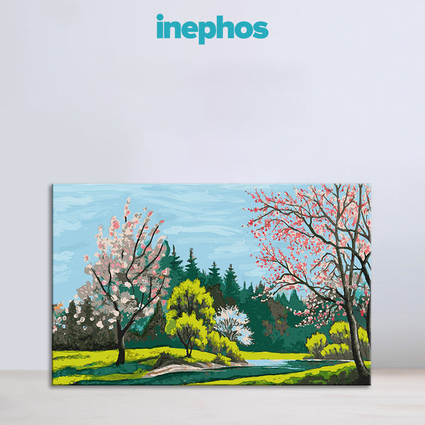 Spring Cherry Blossom Landscape Canvas Wall Art | Serene River & Blooming Trees Painting for Living Room, Bedroom | Nature-Inspired Wall Décor