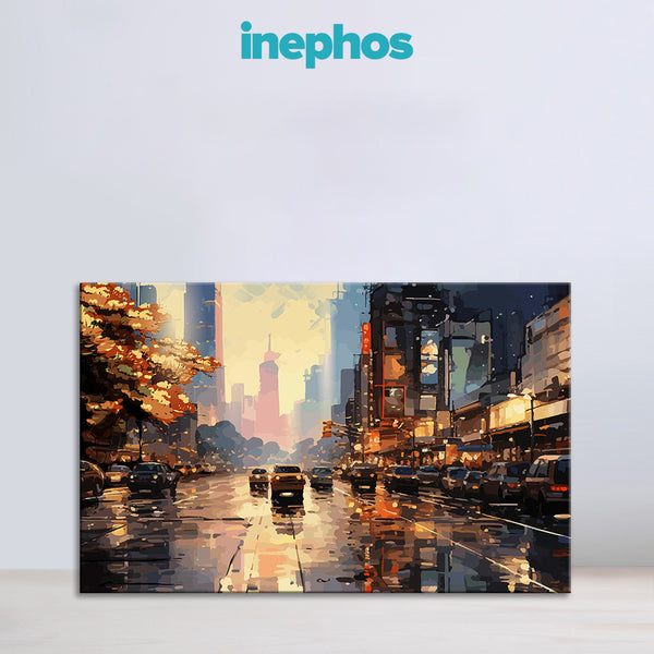 Evening City Street in Rain Canvas Wall Art | Vibrant Urban Skyline & Reflections Painting for Living Room, Office | Modern City-Inspired Home Décor