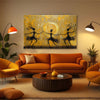 Golden Tribal Dance Painting | Elegant Abstract Canvas of Dancing Women Around the Sun | Golden & Black Traditional Ritual Wall Art for Living Room & Artistic Interiors
