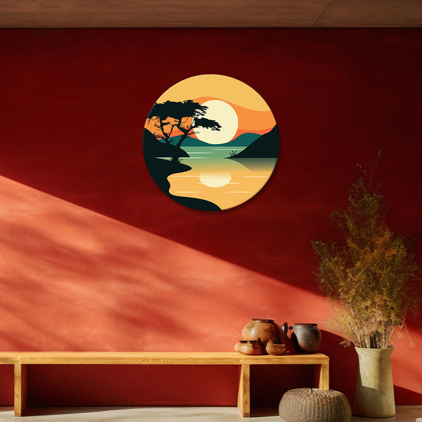Serene Sunset Landscape Round Canvas Wall Art | Minimal Nature Scene with Silhouette Trees & Lake for Living Room | Bedroom & Office Décor