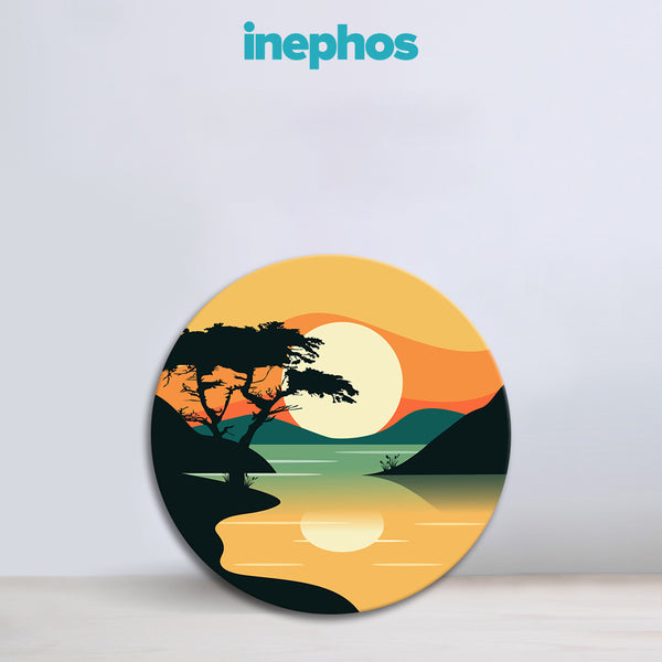Serene Sunset Landscape Round Canvas Wall Art | Minimal Nature Scene with Silhouette Trees & Lake for Living Room | Bedroom & Office Décor
