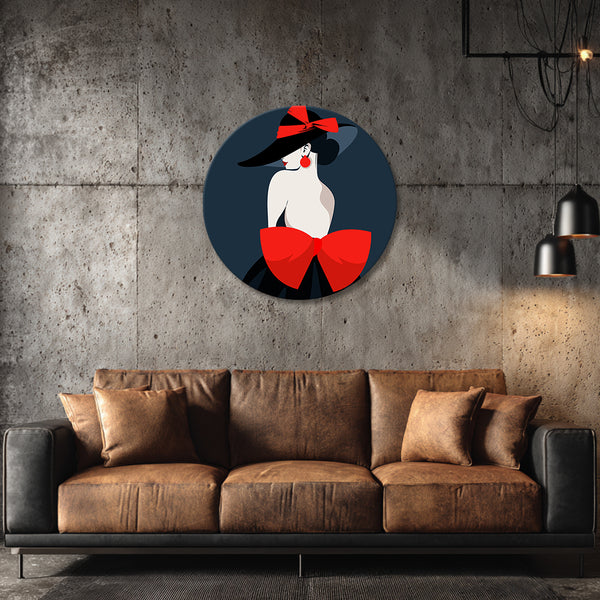 Chic Lady in Black Hat | Red Bow Round Canvas Wall Art | Elegant Minimalist Fashion Illustration for Bedroom | Dressing Area & Stylish Interiors