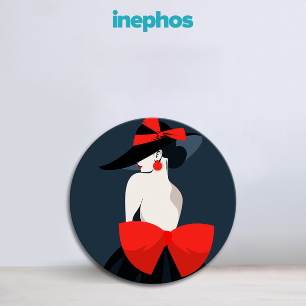Chic Lady in Black Hat | Red Bow Round Canvas Wall Art | Elegant Minimalist Fashion Illustration for Bedroom | Dressing Area & Stylish Interiors