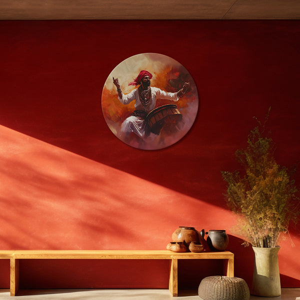Energetic Beats | Round Canvas Painting | Wall Art of Traditional Indian Drummer in Fiery Festive Ambience