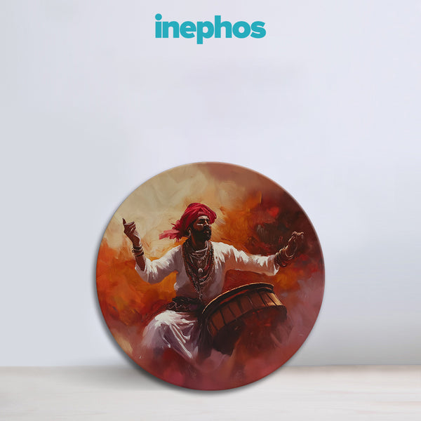 Energetic Beats | Round Canvas Painting | Wall Art of Traditional Indian Drummer in Fiery Festive Ambience