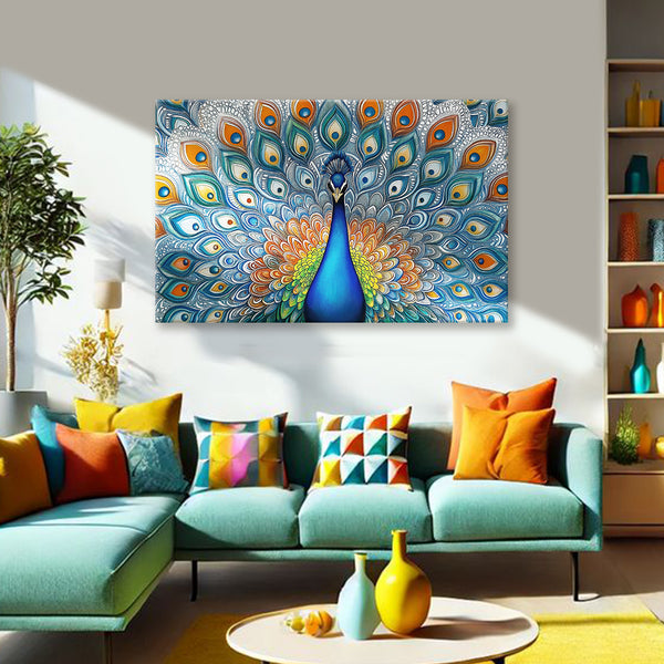 Royal Blue Peacock Painting | Traditional Indian Art Style Canvas | Royal Blue Bird with Colorful Feathers Vastu Wall Art for Living Room & Festive Decor