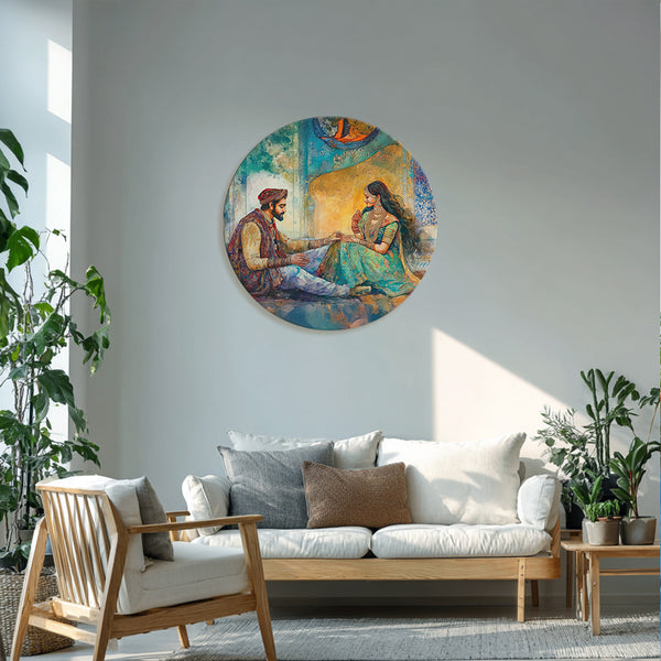 Royal Romance | Round Canvas Painting | Mughal-Style Wall Art of Couple in Traditional Court Setting