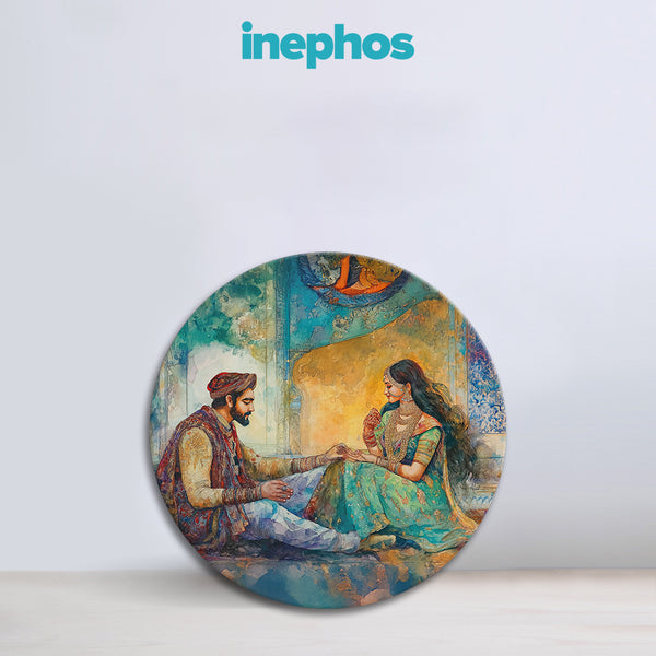 Royal Romance | Round Canvas Painting | Mughal-Style Wall Art of Couple in Traditional Court Setting
