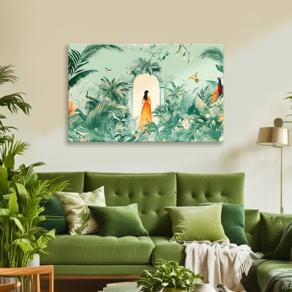 Mystic Jungle Gateway Painting | Green Tropical Nature Canvas with Woman in Orange Dress | Beautiful Lady Walking to Door Wall Art for Modern Home Decor