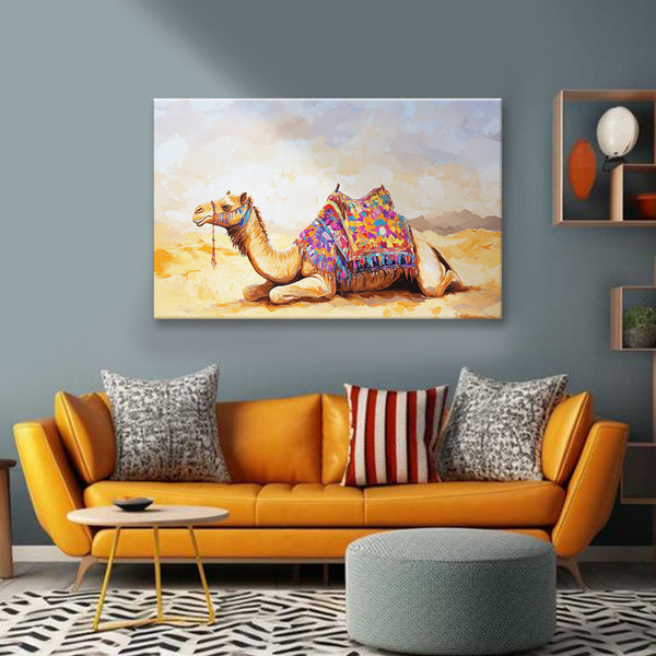 Desert Camel Painting | Vibrant Rajasthani-Inspired Canvas | Thar Animal Resting in Sand Wall Art for Living Room, Office & Ethnic Décor
