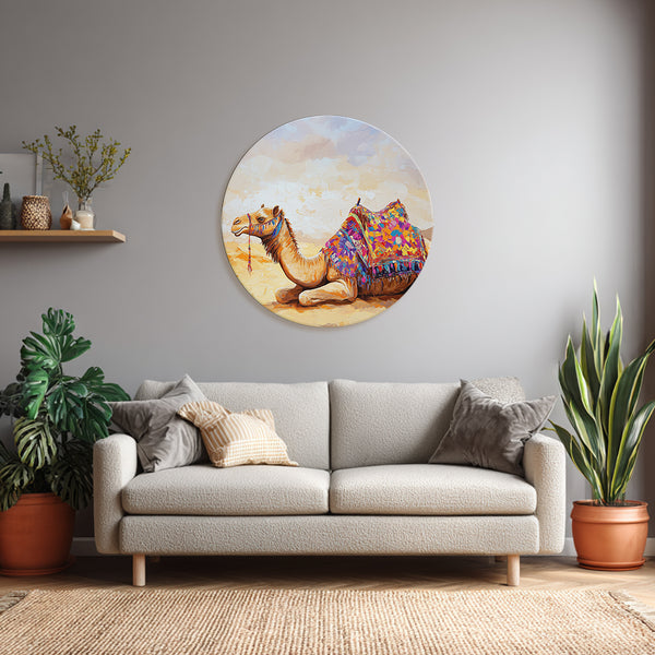Desert Majesty | Round Wall Art | Canvas Painting of Resting Camel in Vibrant Traditional Adornments