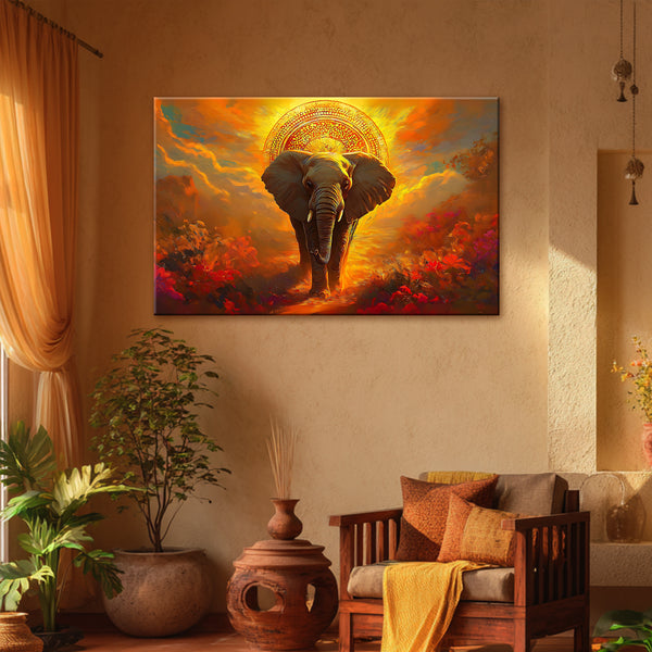 Majestic Vastu Elephant Painting | Royal Elephant in Divine Glow Canvas | Spiritual Animal Wall Art for Living Room, Hallway & Positive Energy Decor