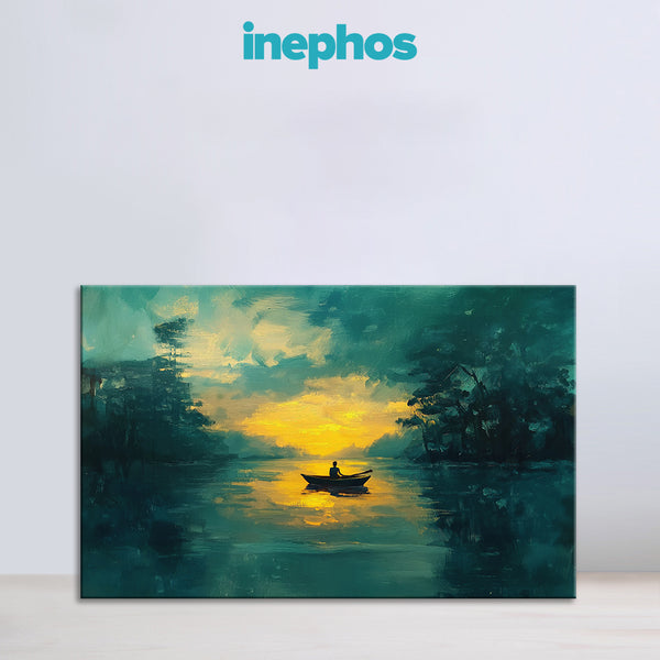 Solitary Boat in Sunset Lake Painting | Tranquil Nature Landscape Canvas | Green & Blue River Wall Art for Home & Office Decor